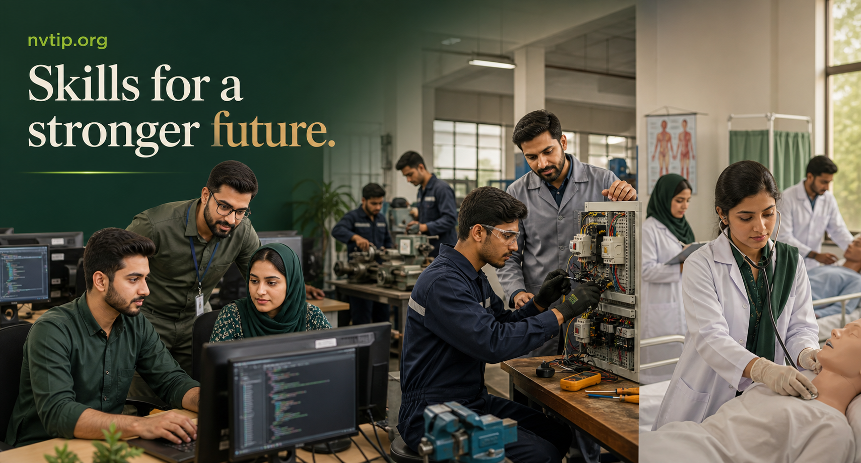 Students learning information technology, electrical engineering, and healthcare skills